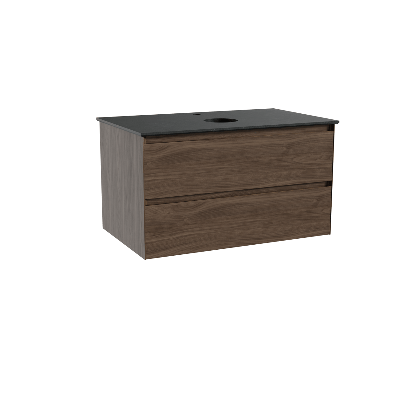 Balmani Mitra hängendes Möbelstück Set: 90 x 55 cm, Amerikanischer Nussbaum, mit Facetta Einzel Waschtischplatte, Schwarzes Granit