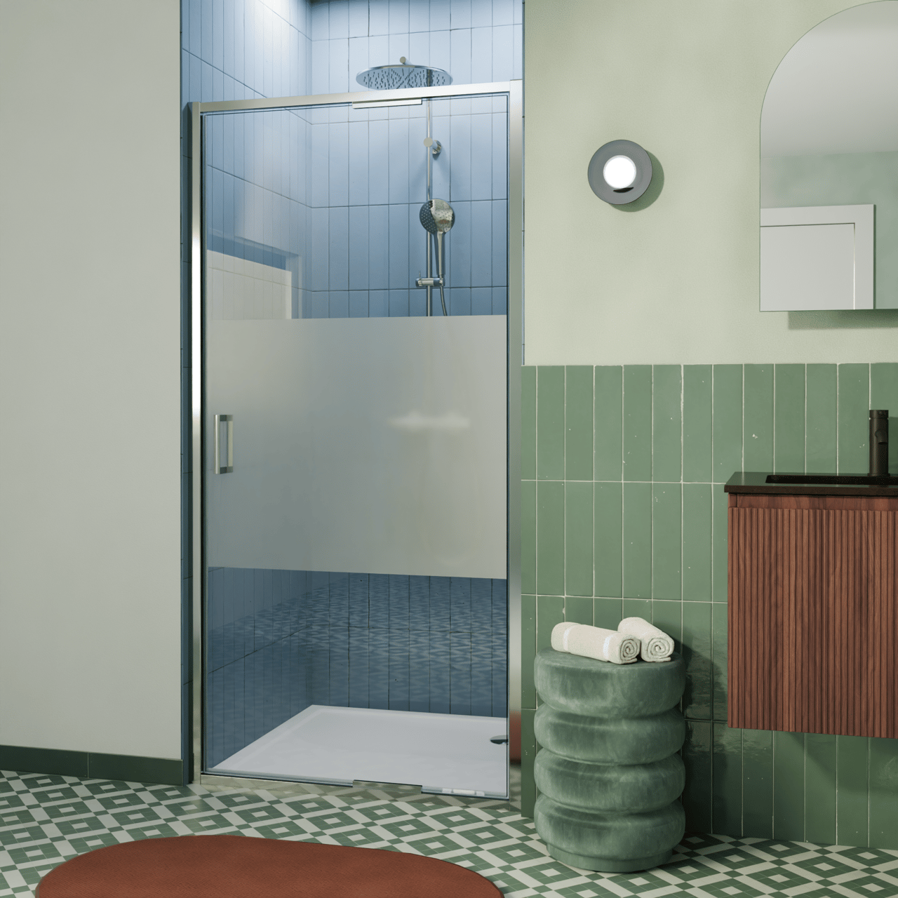 Luca Varess Vidor In porte pivotante 80 cm x 190 cm verre transparent avec bande matte chrome profil brillant