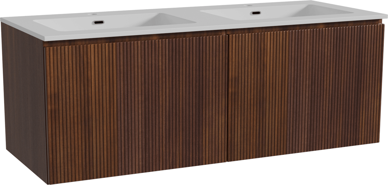 Storke Ribs zwevend badmeubel 130 x 52 cm notenhout met Diva dubbele wastafel in composietmarmer hoogglans wit, Verticale symmetrische rechte ribbel