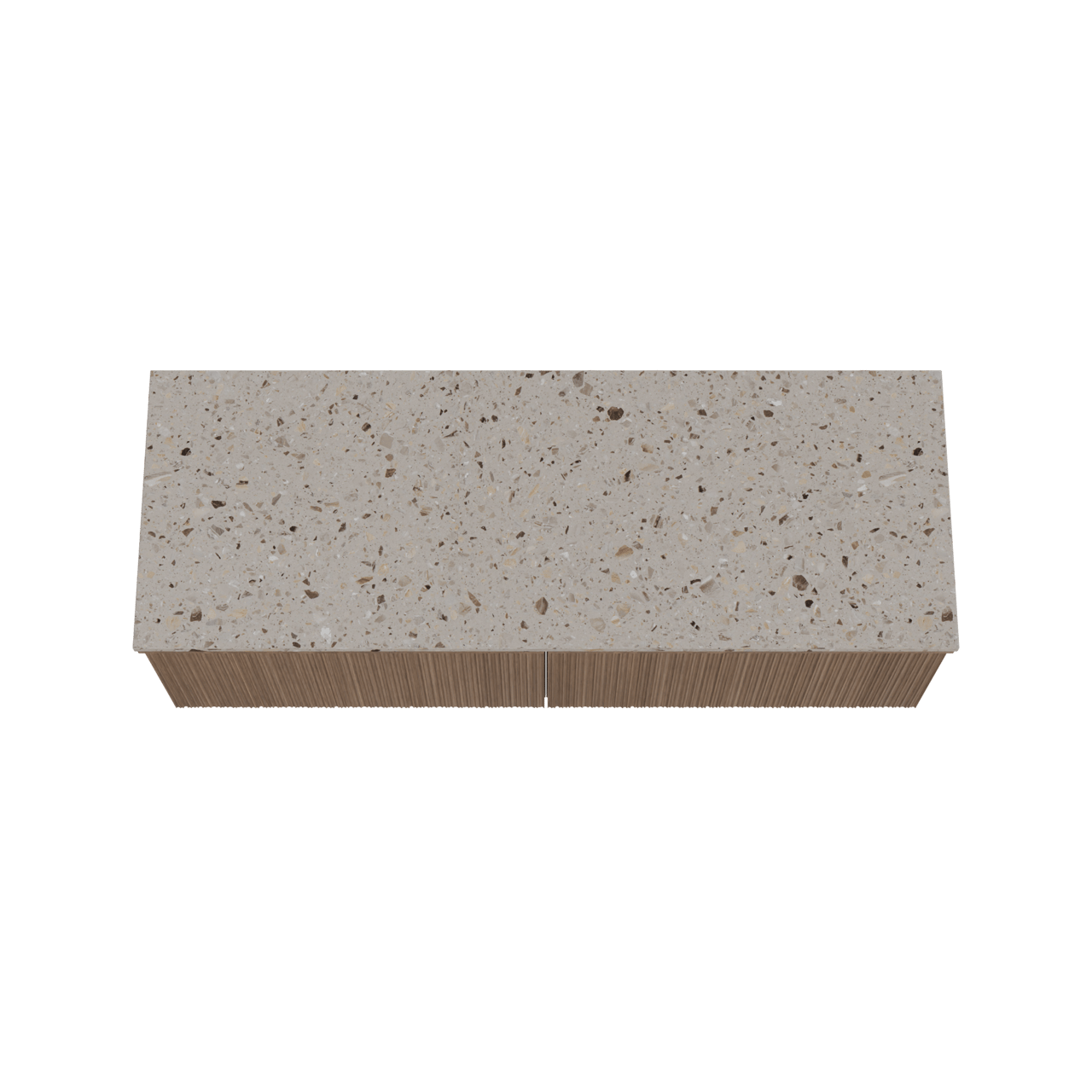 Balmani Forma hängendes Möbelstück Set: 150 x 55 cm, Amerikanischer Nussbaum, mit Stretto Einzel- oder Doppel Waschtischplatte, Terrazzo in Greige, Vertikale asymmetrische Runde Rippe