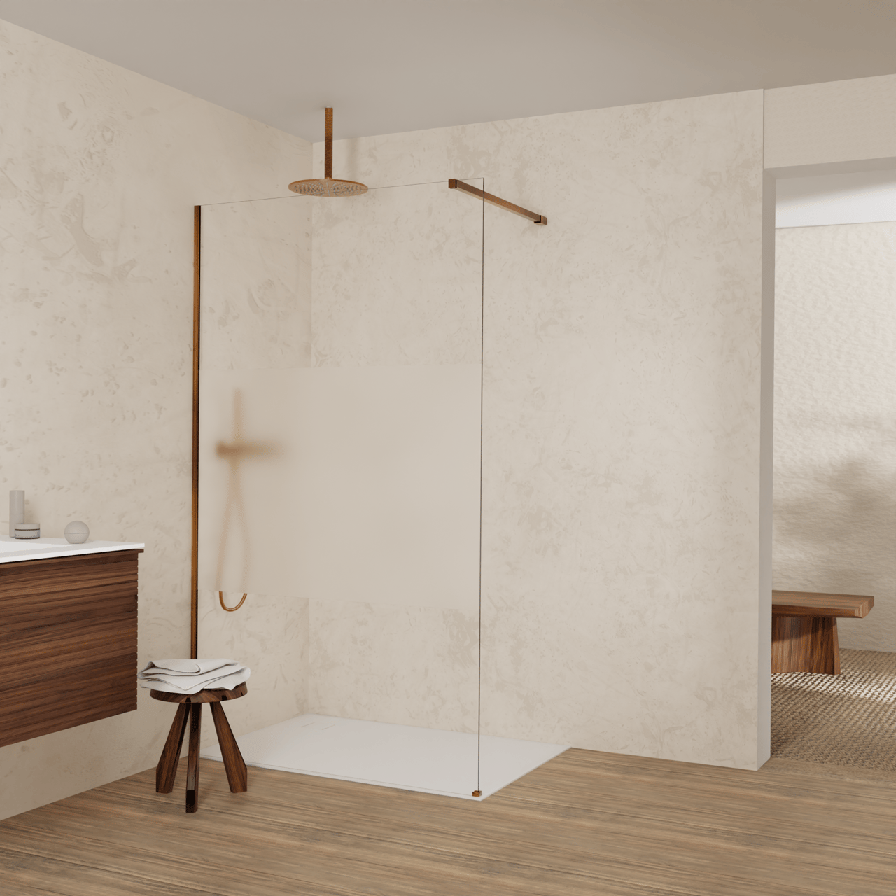 Balmani Modular Walk-In Dusche: 120 x 200 cm, Klarglas mit mattiertem Streifen, Profil Brushed Rosegold