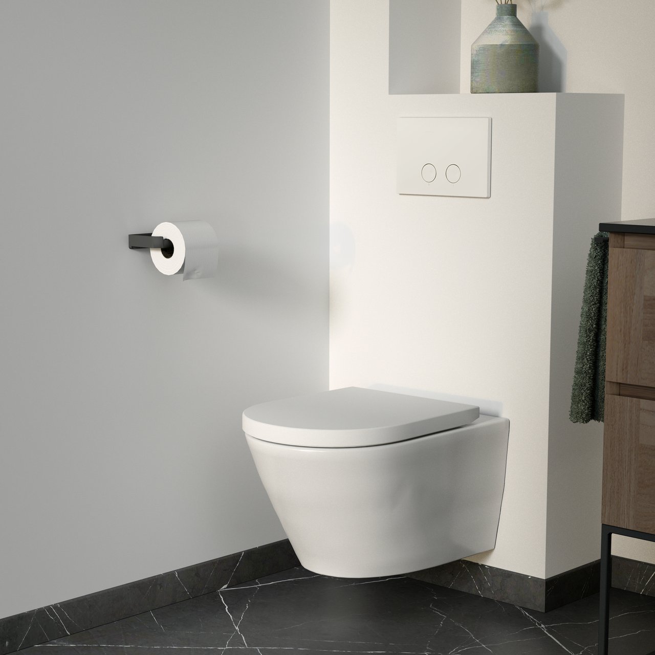 Luca Varess Calibro hangtoilet glanzend wit randloos met Geberit UP320 Systemfix inbouwreservoir en bedieningspaneel