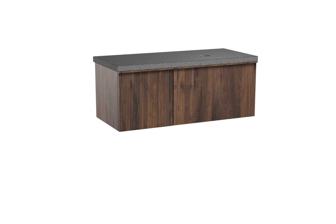 Balmani Forma hängendes Möbelstück Set: 120 x 55 cm, Amerikanischer Nussbaum, mit Rock Waschtisch rechts, Granit, Schwarzes Granit, Vertikale symmetrische gerade Rippe