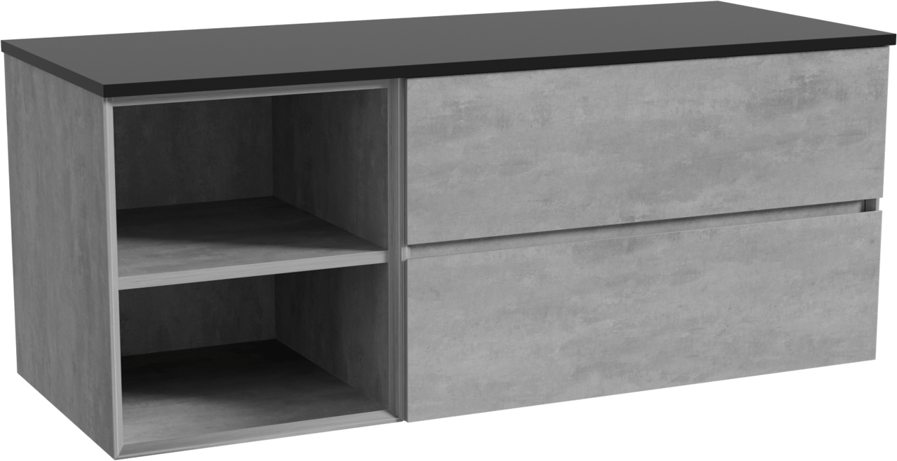 Storke Edge zwevend badkamermeubel 130 x 52 cm beton donkergrijs met Panton enkel of dubbel tablet in gepoedercoate mdf mat zwart