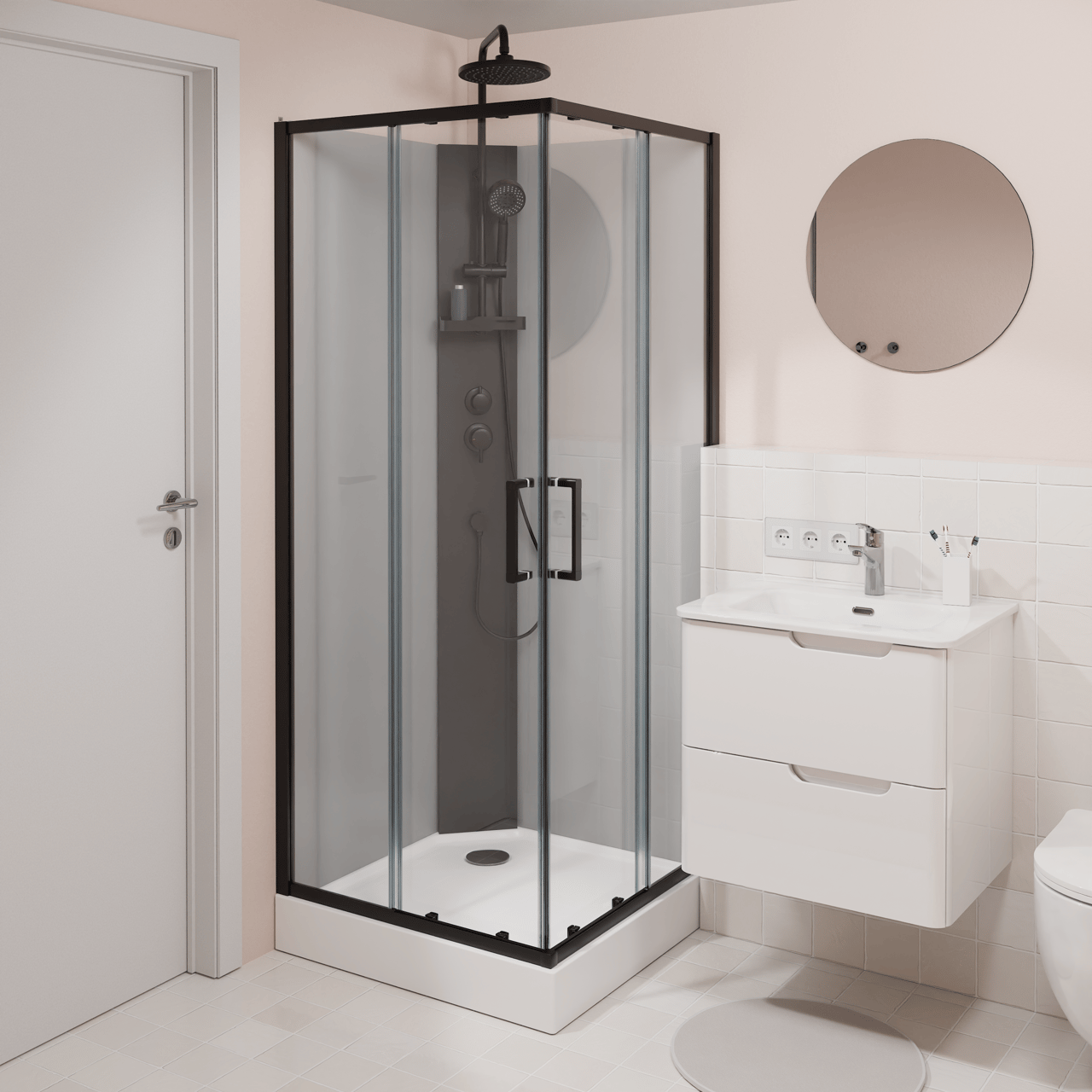 Linie Salta cabine de douche avec portes coulissantes 80 x 80 cm verre transparent profil noir avec robinet