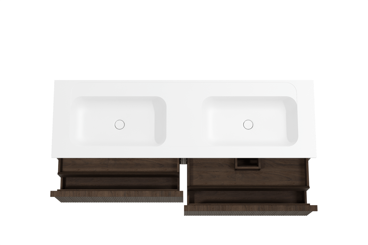 Balmani Forma meuble salle de bains suspendu 180 x 55 cm chêne fumé avec Tablo Strada double vasque en marbre composite blanc mat, Nervure droite symétrique verticale
