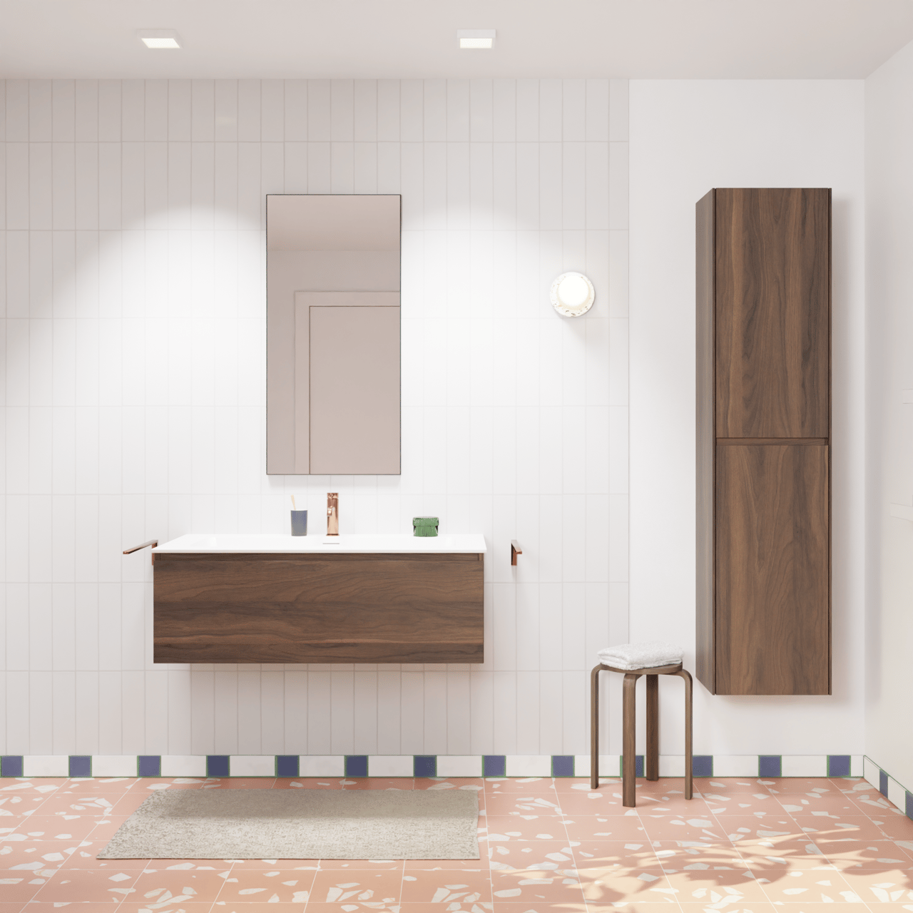 Storke Edge meuble salle de bains suspendu 105 x 52 cm noyer avec Mata plan simple pour 2 trous de robinet en solid surface blanc mat