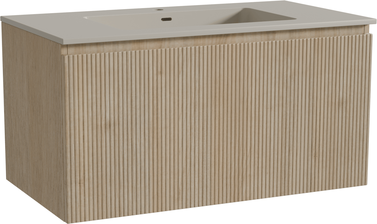 Storke Ribs zwevend badmeubel 95 x 52 cm ruw eiken met Diva enkele wastafel in top solid zijdegrijs, Verticale symmetrische rechte ribbel