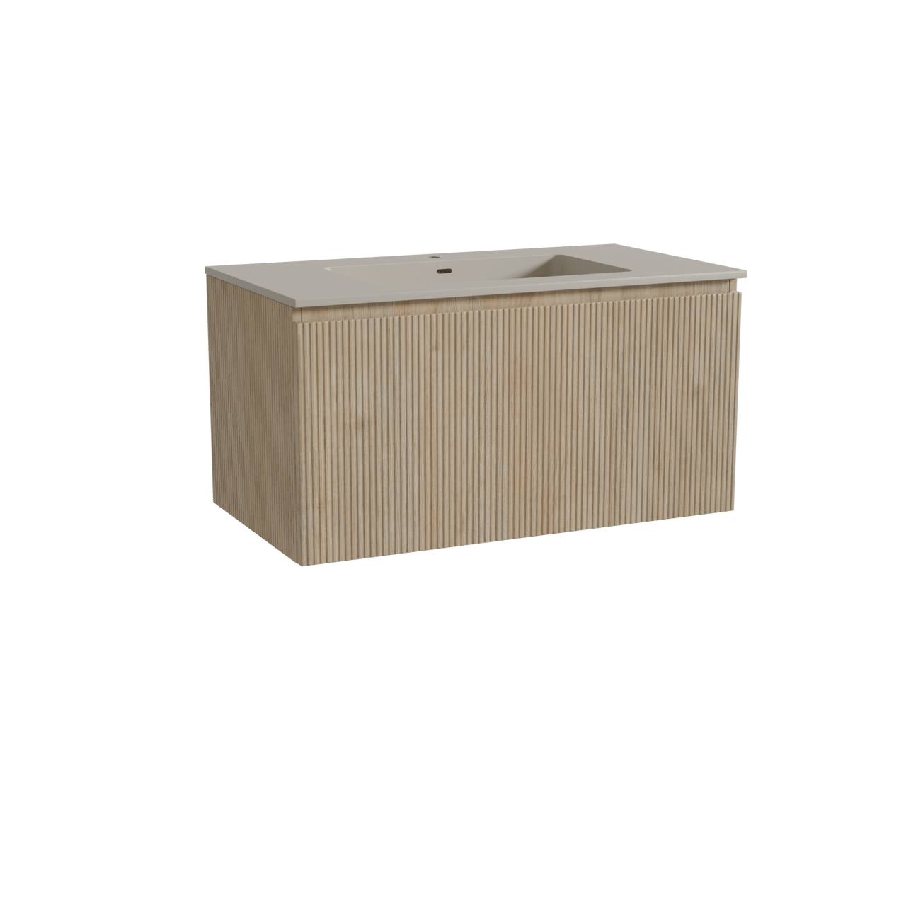 Storke Ribs zwevend badkamermeubel 95 x 52 cm ruwe eik met Diva enkele wastafel in top solid zijdegrijs, Verticale symmetrische rechte ribbel