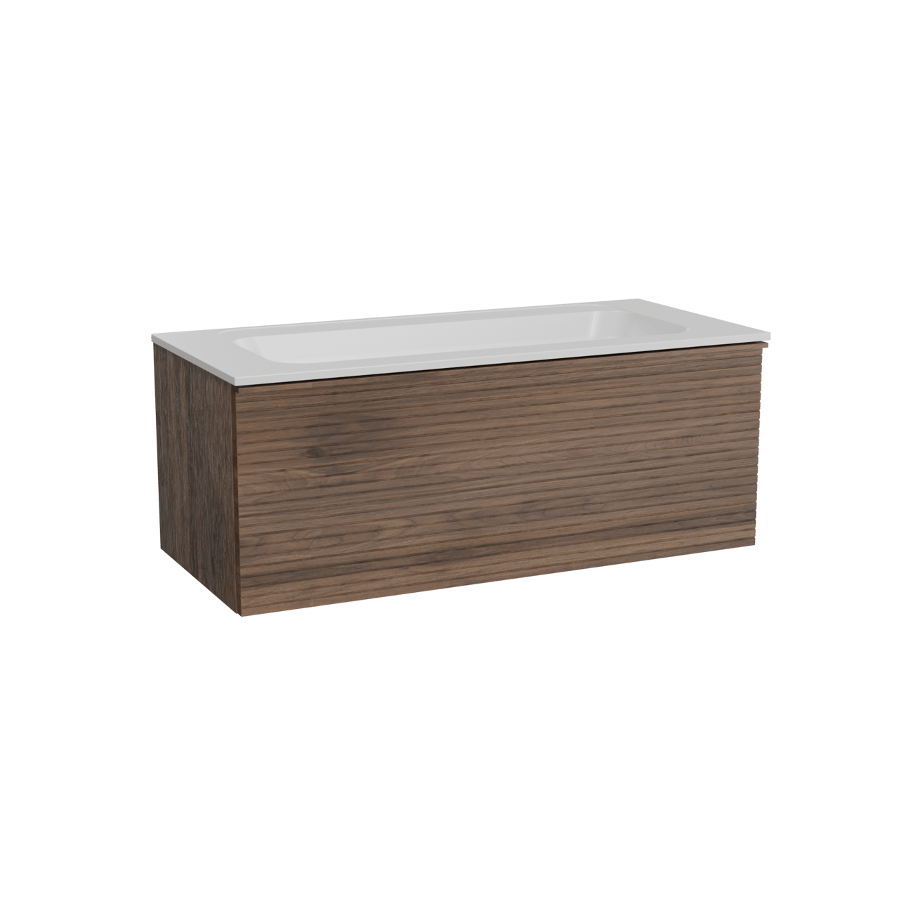 Balmani Forma zwevend badkamermeubel 120 x 55 cm amerikaanse notelaar met Tablo Strada enkele wastafel in composietmarmer mat wit, Horizontale symmetrische rechte ribbel