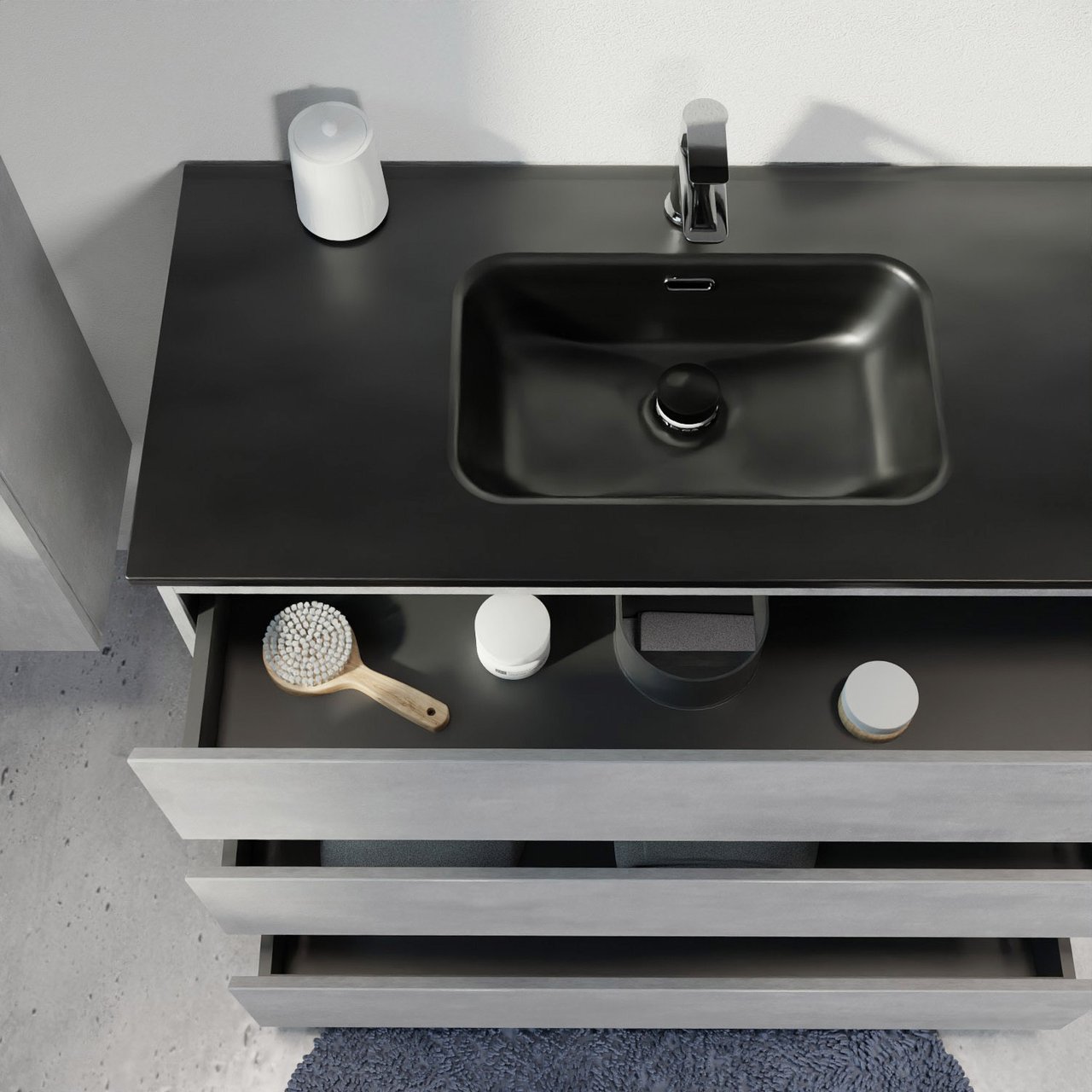 Linie Lado freistehendes Möbelstück Set: 100 x 46 cm, Beton dunkelgrau, mit Baro Einzelwaschtisch, Porzellan Schwarz matt