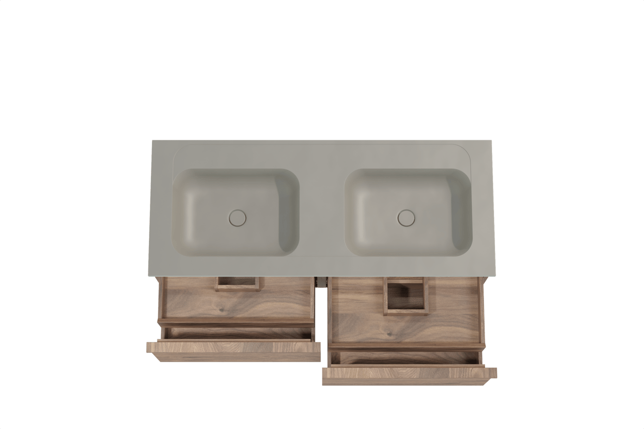 Balmani Forma hängendes Möbelstück Set: 135 x 55 cm, Amerikanischer Nussbaum, mit Tablo Strada Doppelwaschtisch, Marmorkomposit, Seidengrau, Horizontale symmetrische gerade Rippe