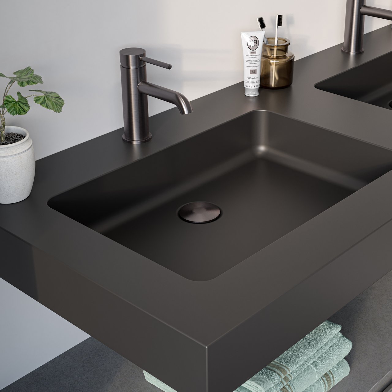 Storke Scuro High dubbele wastafel mat kwarts 130 x 52 cm