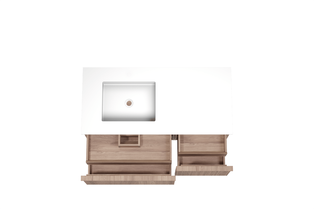 Balmani Forma hängendes Möbelstück Set: 120 x 55 cm, Teak, mit Tablo Stretto Waschtisch links, Solid Surface, Weiß matt, Vertikale symmetrische gerade Rippe