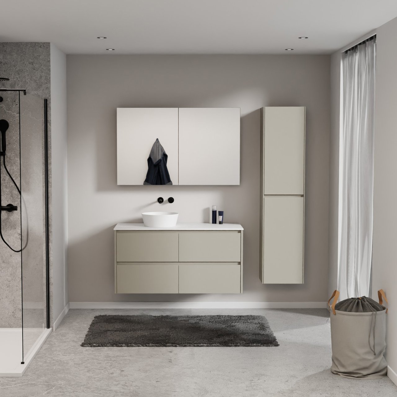 Storke Seda meuble salle de bains suspendu 120 x 52 cm soie grise avec Tavola tablette simple ou double en solid surface blanc mat