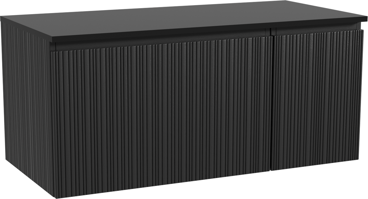 Storke Ribs zwevend badmeubel 110 x 52 cm zwart eiken met Panton enkel wastafelblad in gepoedercoate mdf mat zwart, Verticale asymmetrische rechte ribbel