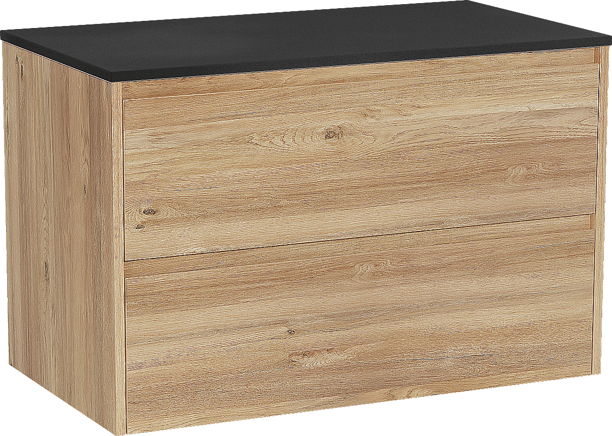 Storke Seda zwevend badmeubel 95 x 52 cm ruw eiken met Panton enkel wastafelblad in gepoedercoate mdf mat zwart