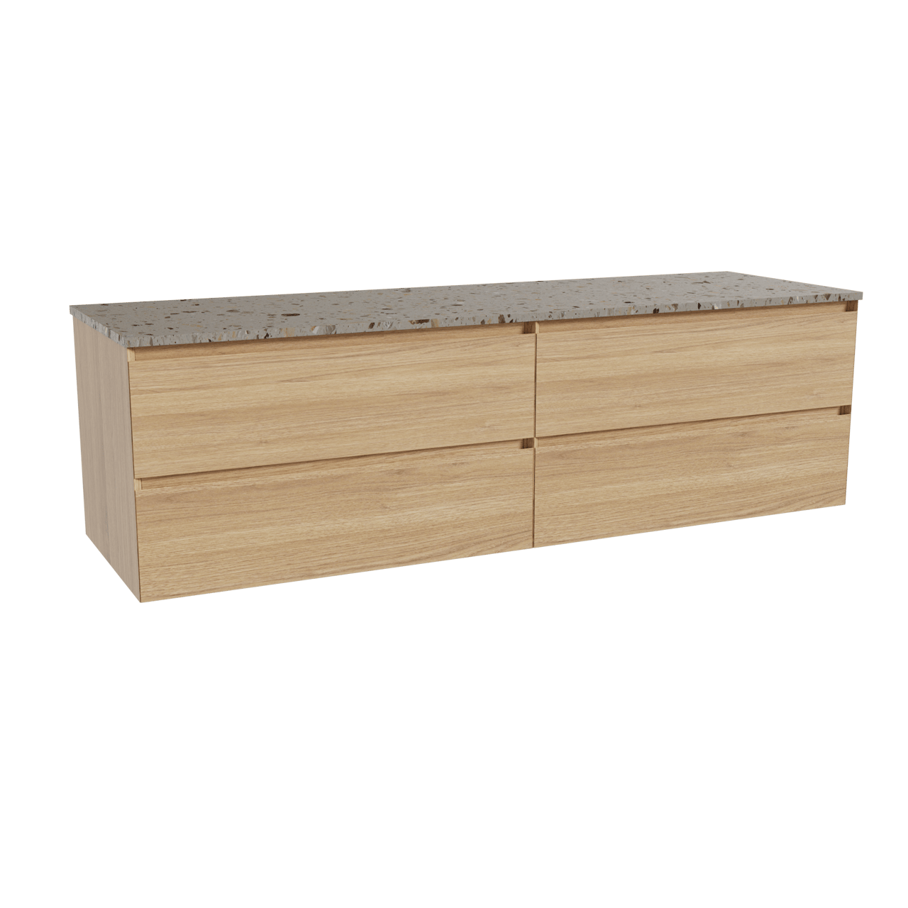 Balmani Mitra zwevend badkamermeubel 180 x 55 cm natuur eik met Stretto enkel of dubbel tablet in terrazzo greige terrazzo