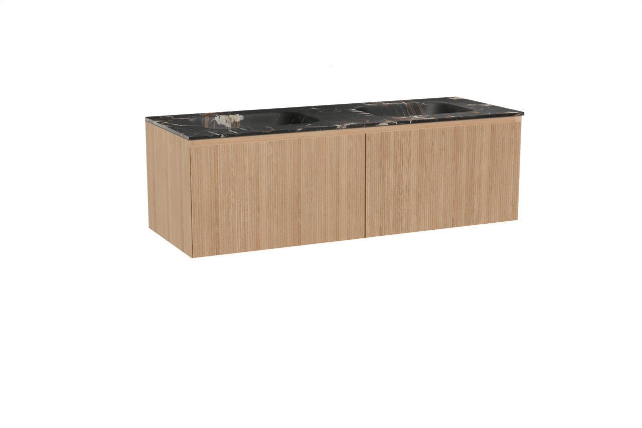 Balmani Fila hängendes Möbelstück Set: 150 x 55 cm, Naturbelassene Eiche, mit Tablo Arcato Doppelwaschtisch, Marmor, Portoro Gold, Vertikale symmetrische gerade Rippe