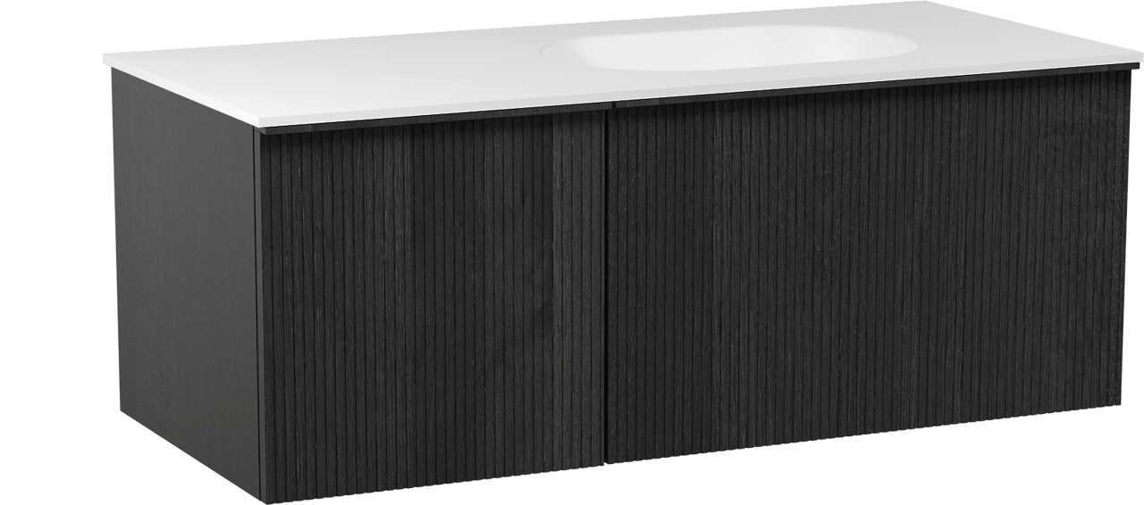 Balmani Forma hängendes Möbelstück Set: 120 x 55 cm, Schwarze Eiche, mit Tablo Oval Waschtisch rechts, Solid Surface, Weiß matt, Vertikale symmetrische gerade Rippe