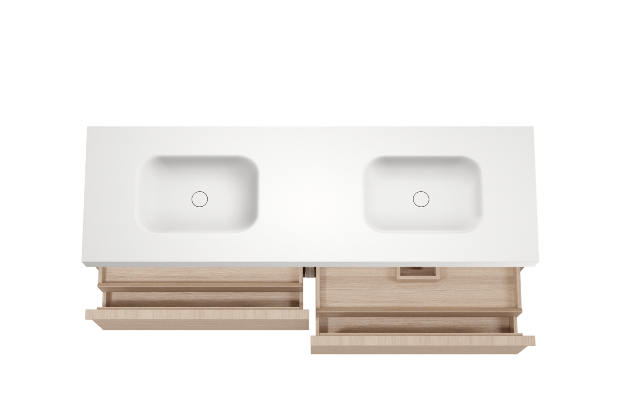 Balmani Forma meuble salle de bains suspendu 180 x 55 cm chêne naturel avec Arcato double vasque en solid surface blanc mat, Nervure droite symétrique horizontale