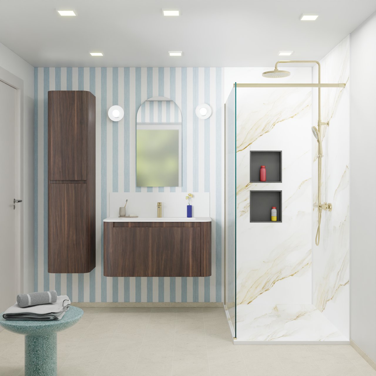 Storke Soft meuble salle de bains suspendu 100 x 46 cm noyer avec Mata Soft plan simple en Solid Surface blanc mat, Nervure droite symétrique verticale