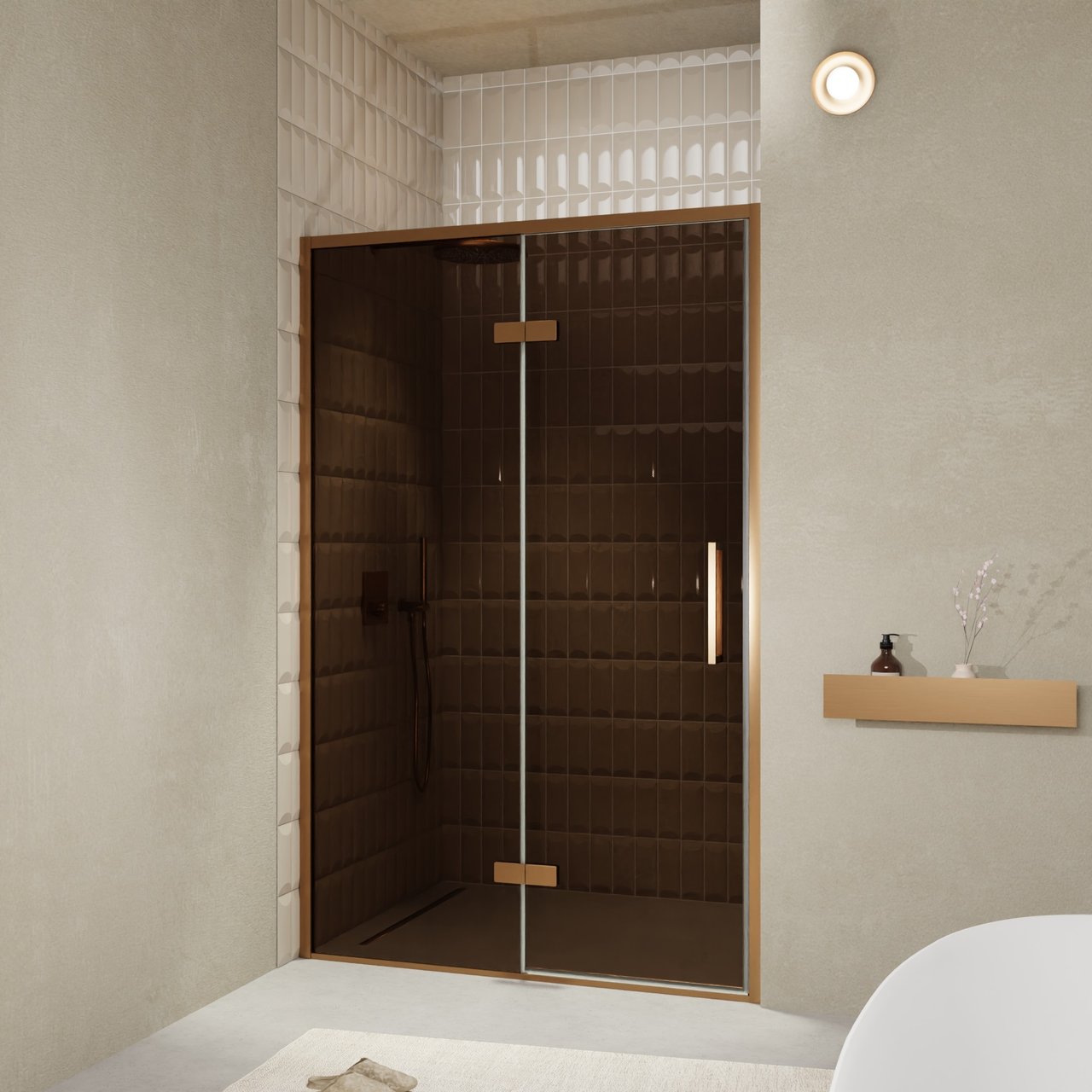 Balmani Senses Design porte pivotante à gauche 140 cm x 210 cm verre Bronze, Profil Brushed Rosegold, coating inclus