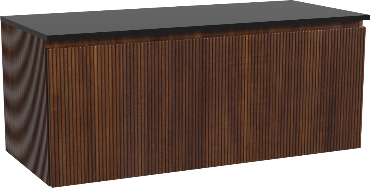 Storke Ribs zwevend badmeubel 120 x 52 cm notenhout met Panton enkel of dubbel wastafelblad in gepoedercoate mdf mat zwart, Verticale symmetrische rechte ribbel