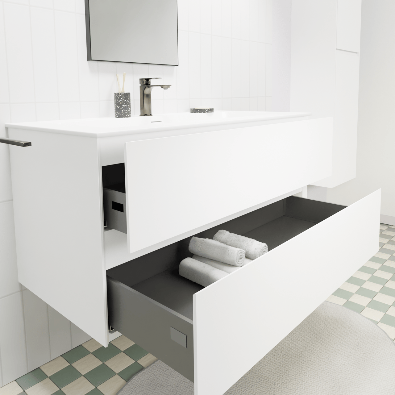 Storke Edge zwevend badmeubel 105 x 52 cm mat wit met Mata enkele wastafel voor 2 kraangaten in solid surface mat wit