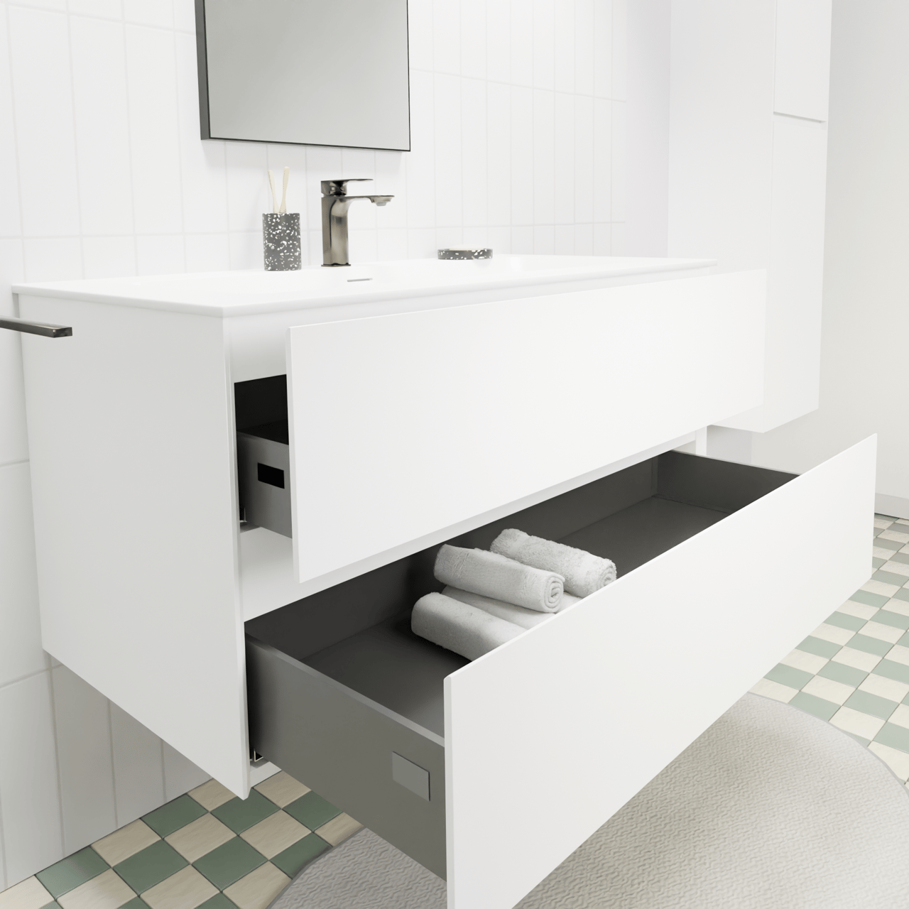 Storke Edge hängendes Möbelstück Set: 105 x 52 cm, Weiß matt, mit Mata Einzelwaschtisch für 2 Armaturenlöcher, Solid Surface Weiß matt