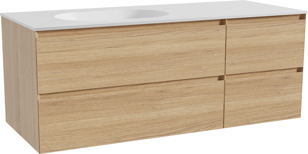 Balmani Mitra hängendes Möbelstück Set: 135 x 55 cm, Naturbelassene Eiche, mit Tablo Oval Waschtisch links, Solid Surface Weiß matt