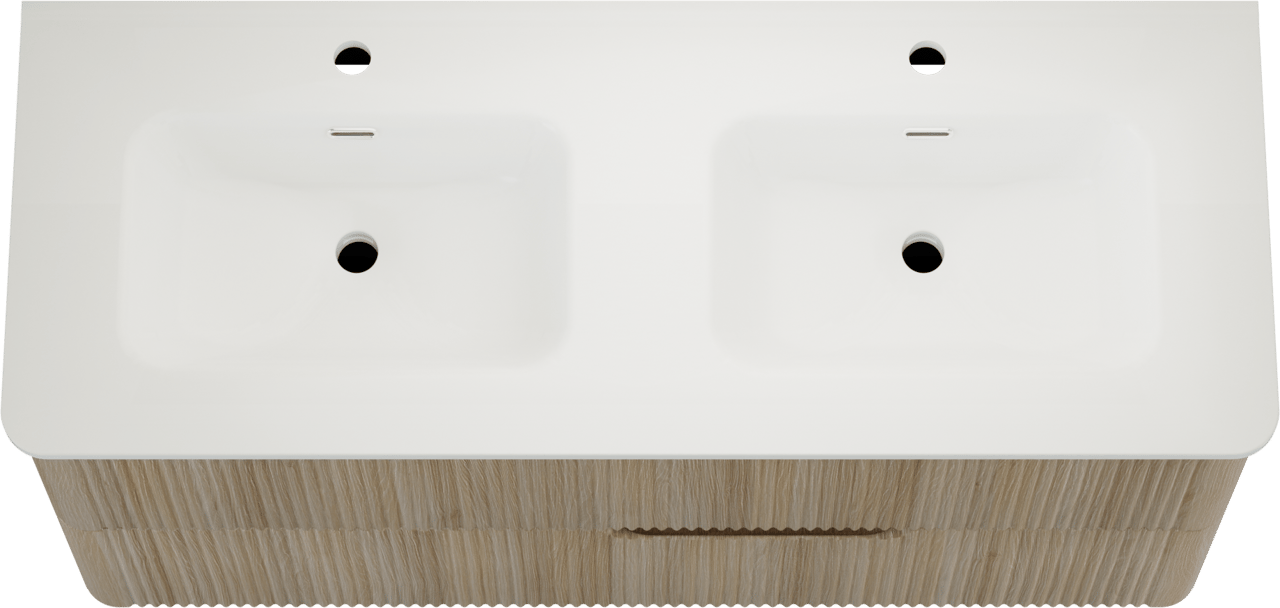 Linie Curvo hängendes Möbelstück Set: 120 x 46 cm, Eiche Hell, mit Baro Curvo Doppelwaschtisch Keramik Weiβ glänzend, Vertikale symmetrische runde Rippe