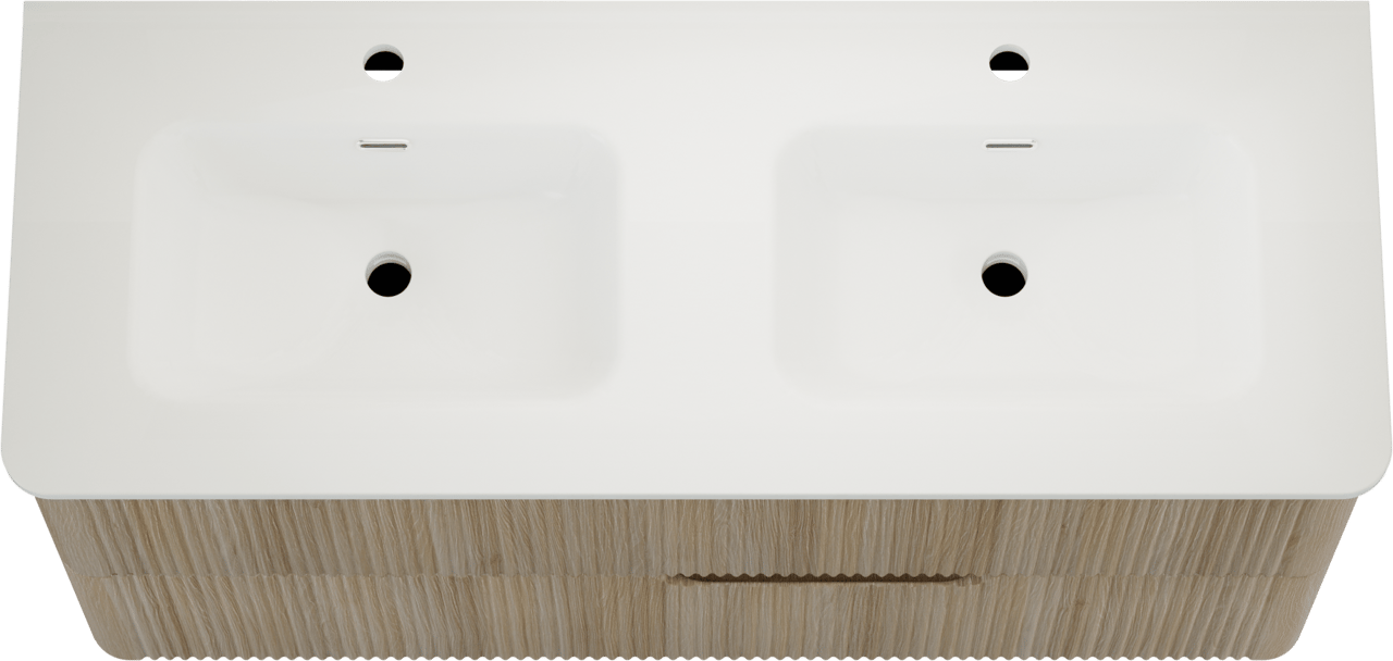 Linie Curvo zwevend badkamermeubel 120 x 46 cm lichte eik met Baro Curvo dubbele wastafel in porselein glanzend wit, Verticale symmetrische ronde ribbel