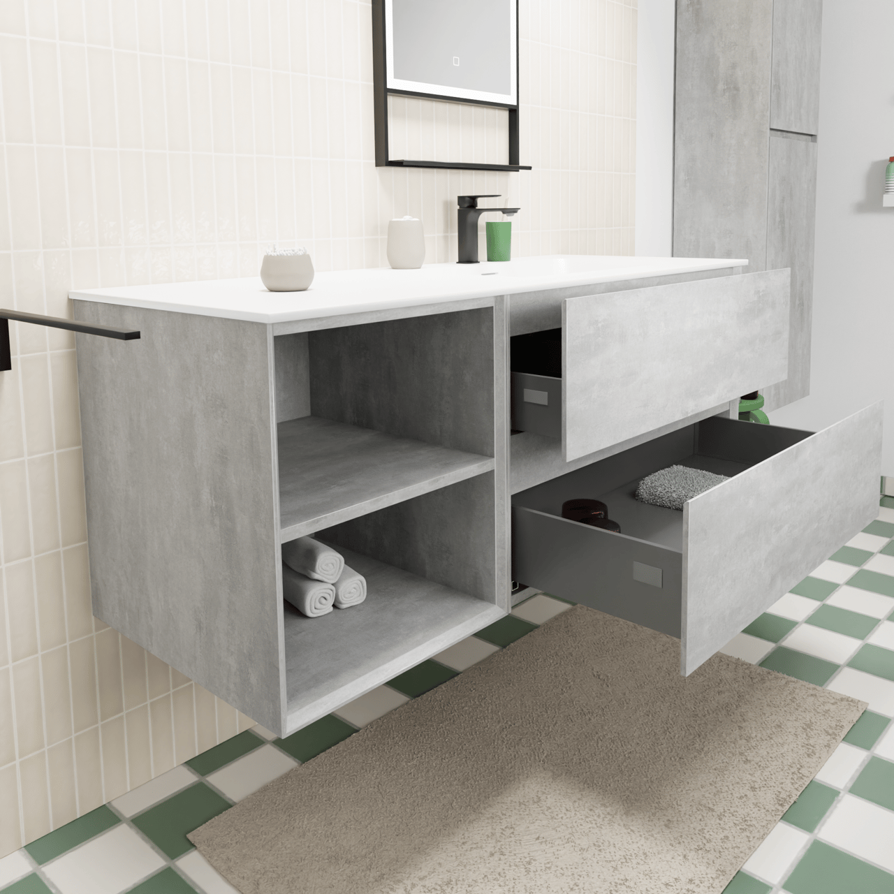 Storke Edge zwevend badmeubel 130 x 52 cm beton donkergrijs met Mata asymmetrisch rechtse wastafel in solid surface mat wit