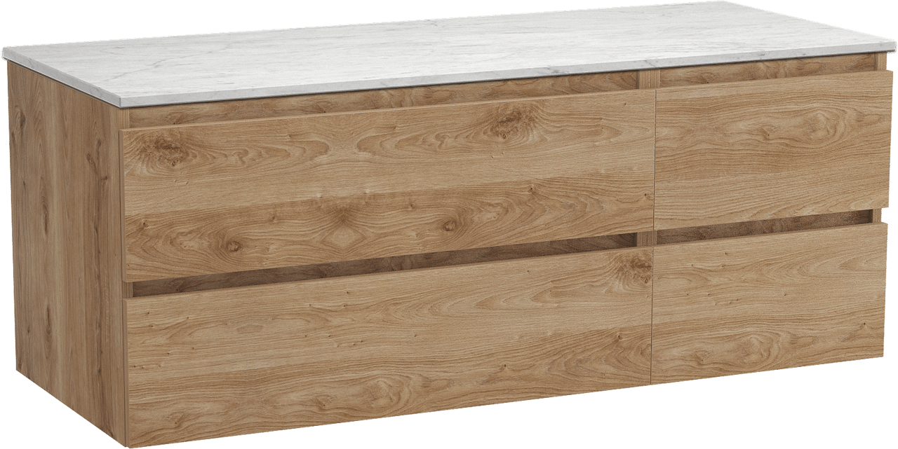 Balmani Lucida zwevend badmeubel 135 x 55 cm ruw eiken met Stretto enkel of dubbel wastafelblad in marmer carrara