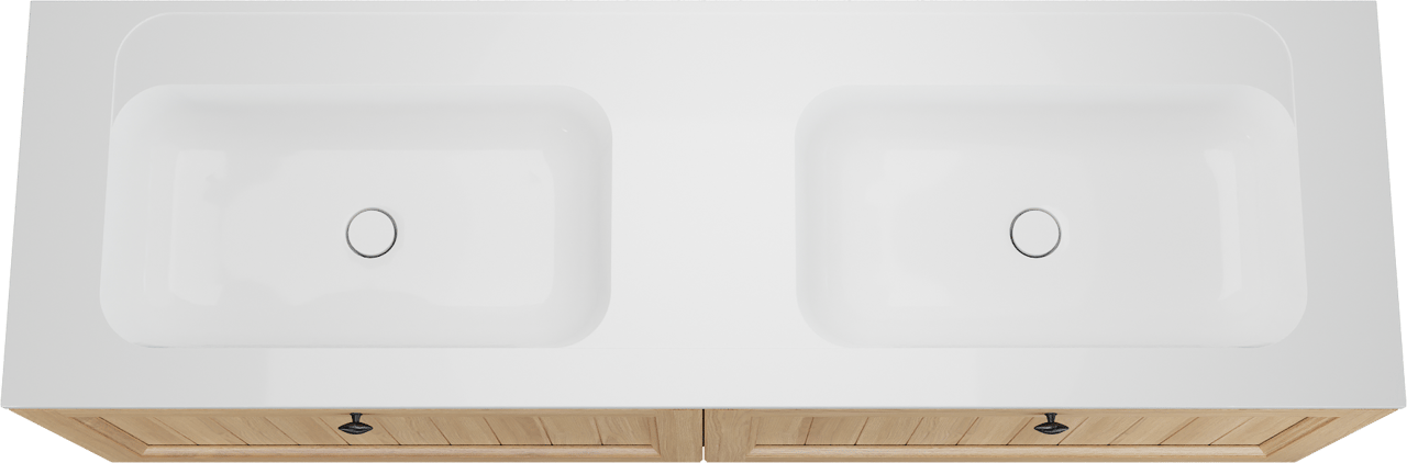 Balmani Lemon zwevend badkamermeubel 180 x 55 cm, fineer natuur eik met Tablo Strada dubbele wastafel in glanzend wit