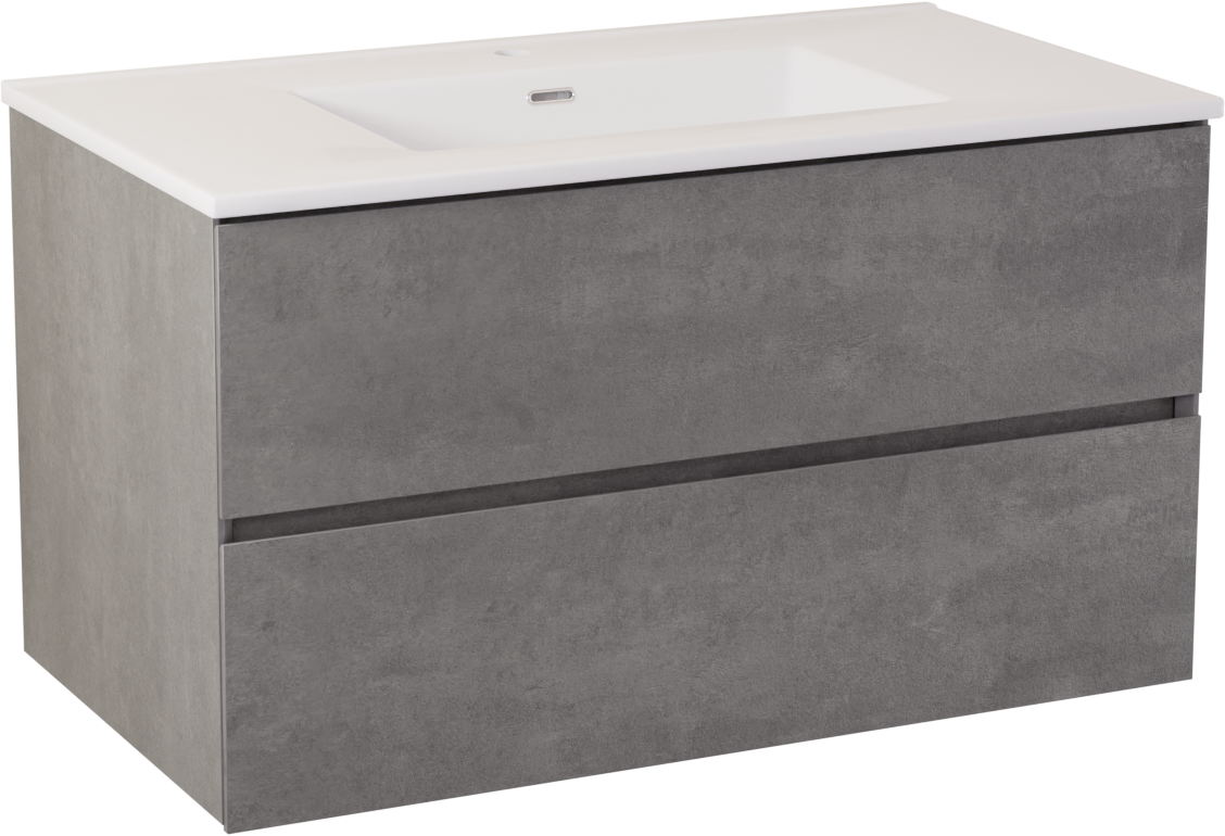Storke Edge zwevend badkamermeubel 95 x 52 cm beton donkergrijs met Kera enkele wastafel in porselein glanzend wit, inclusief crepine
