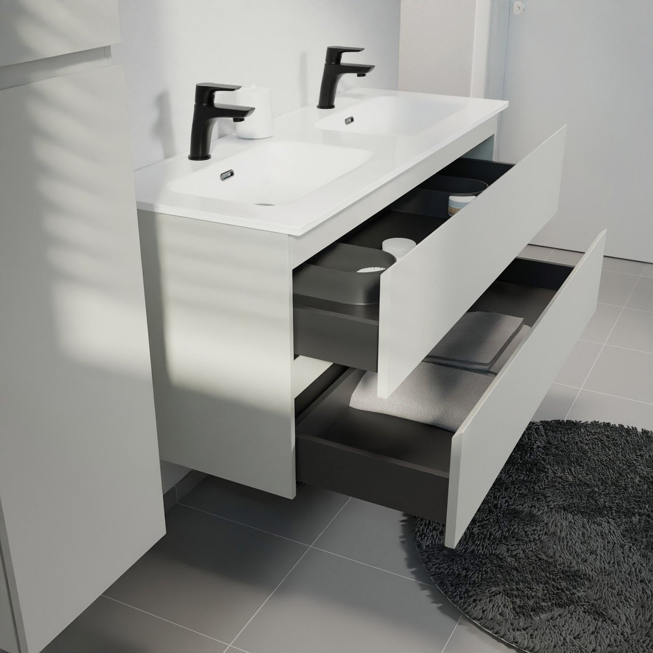 Linie Lado meuble salle de bains suspendu 120 x 46 cm greige avec Baro double vasque en porcelaine blanc brillant