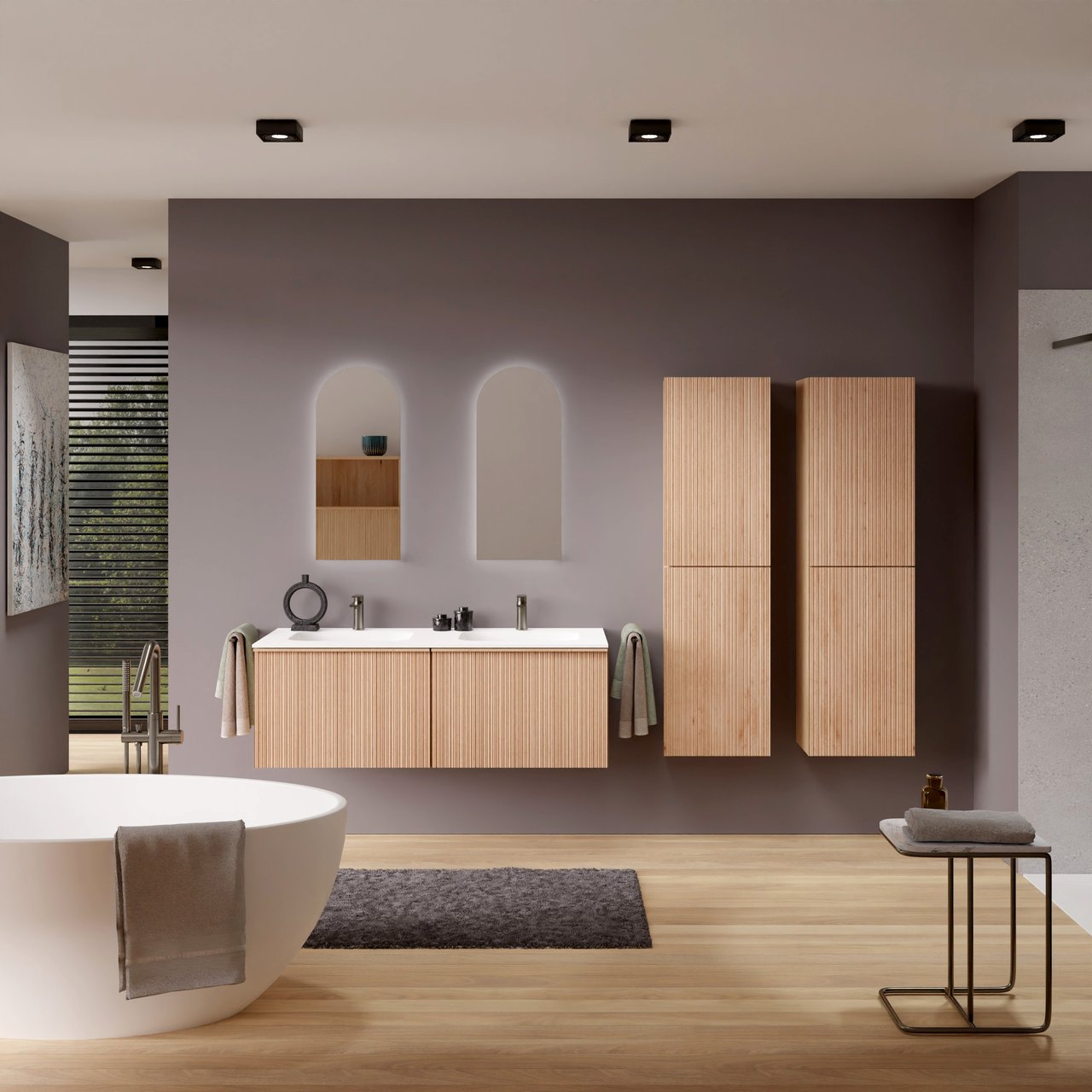 Balmani Forma meuble salle de bains suspendu 135 x 55 cm chêne naturel avec Tablo Arcato double vasque en solid surface blanc mat, Nervure circulaire asymétrique verticale