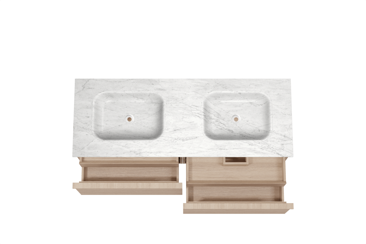 Balmani Forma meuble salle de bains suspendu 150 x 55 cm chêne naturel avec Tablo Arcato double vasque en marbre carrare, Nervure droite symétrique horizontale