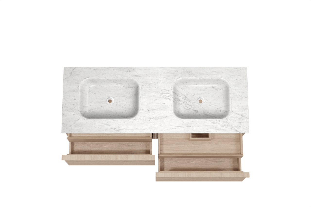 Balmani Forma hängendes Möbelstück Set: 150 x 55 cm, Naturbelassene Eiche, mit Tablo Arcato Doppelwaschtisch, Marmor, Carrara, Horizontale symmetrische gerade Rippe