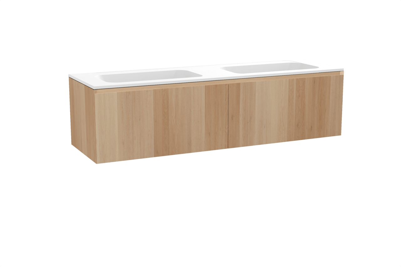 Balmani Idra zwevend badkamermeubel 180 x 55 cm natuur eik met Tablo Strada dubbele wastafel in composietmarmer mat wit