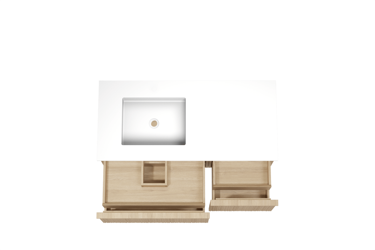 Balmani Forma zwevend badkamermeubel 120 x 55 cm natuur eik met Tablo Stretto asymmetrisch linkse wastafel in solid surface mat wit, Verticale asymmetrische ronde ribbel