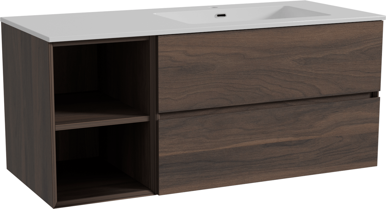 Storke Edge zwevend badkamermeubel 120 x 52 cm notelaar met Diva asymmetrisch rechtse wastafel in composietmarmer glanzend wit