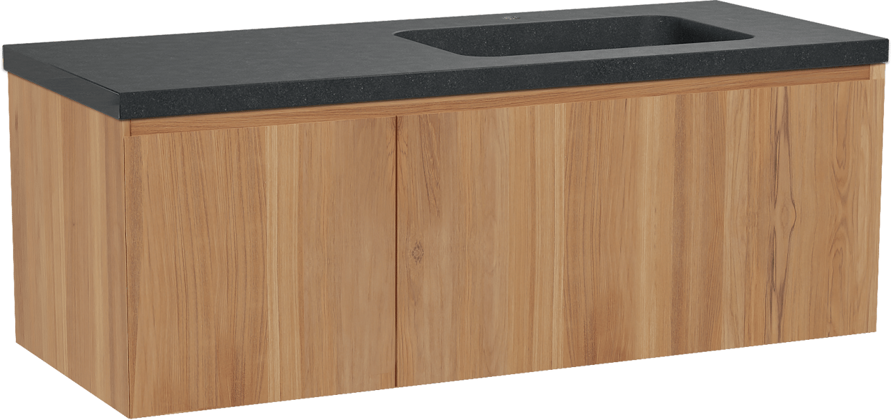 Balmani Idra hängendes Möbelstück Set: 135 x 55 cm, Teak, mit Napoli Waschtisch rechts, Schwarzes Granit