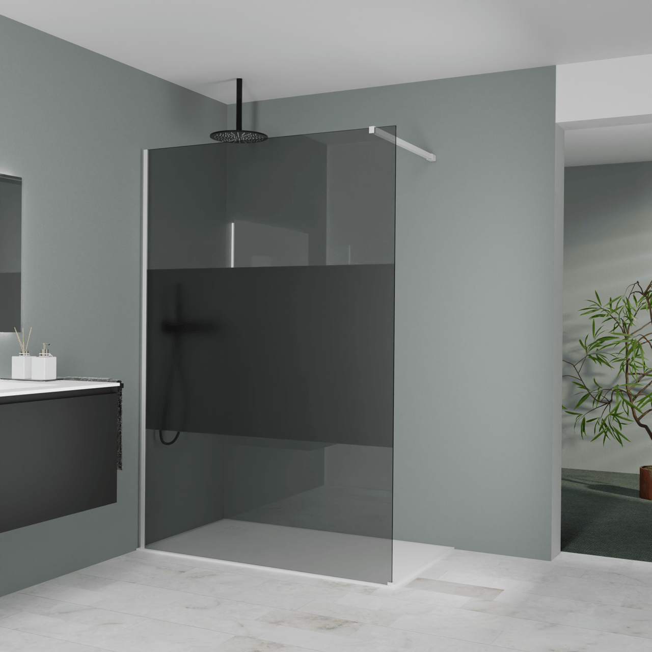 Balmani Modular Walk-In Dusche: 140 x 200 cm, Rauchglas mit mattiertem Streifen, Profil Weiß matt