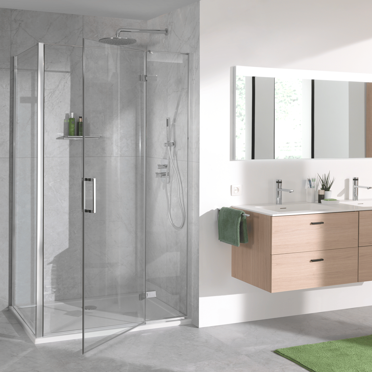 Luca Varess Nona paroi de douche avec porte pivotante et 2 parois latéraux fixes 90 x 120 cm verre transparent profil chrome brillant