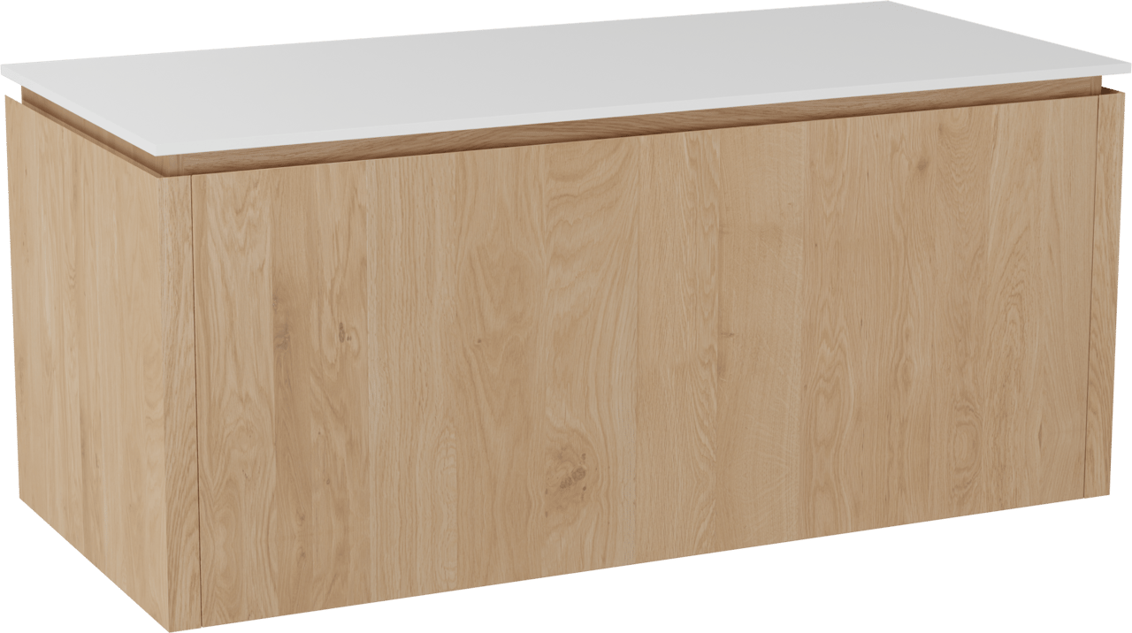 Balmani Eclips meuble salle de bains suspendu 120 x 55 cm Chêne naturelle avec Stretto tablette simple ou double vasque en Solid Surface blanc mat