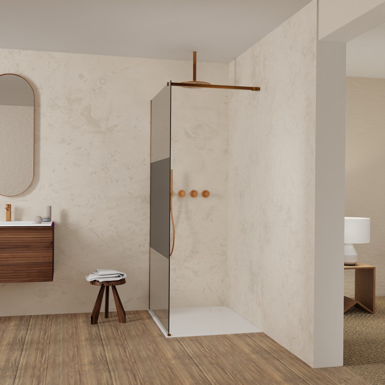 Balmani Modular inloopdouche: 100 x 200 cm, Rookglas met matte strook, Brushed Rosegold profielen