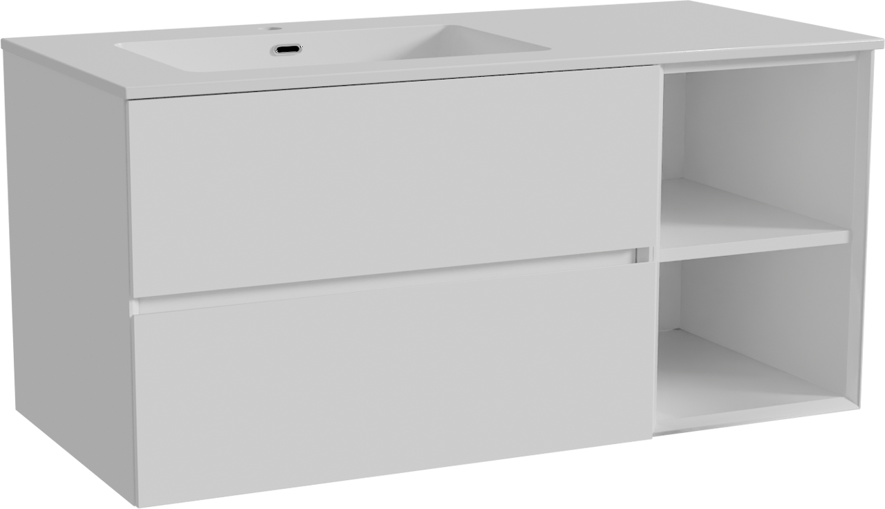 Storke Edge hängendes Möbelstück Set: 110 x 52 cm, Weiß glänzend, mit Diva Waschtisch links, Marmorkomposit Weiß glänzend